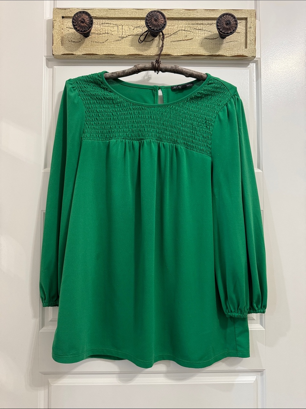 Adrianna Papell Kelly Green Smocked Yoke Blouse